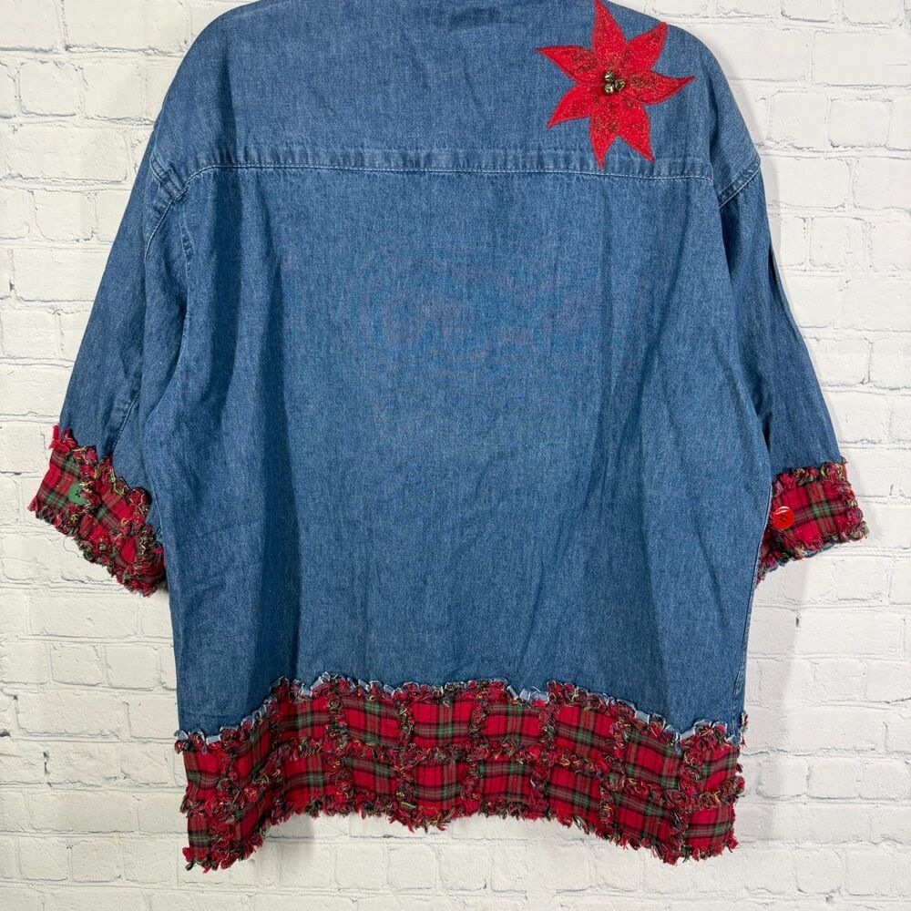 Sierra Pacific Large Denim Christmas Shirt Poinsettia Plaid Holiday Applique - Picture 11 of 11